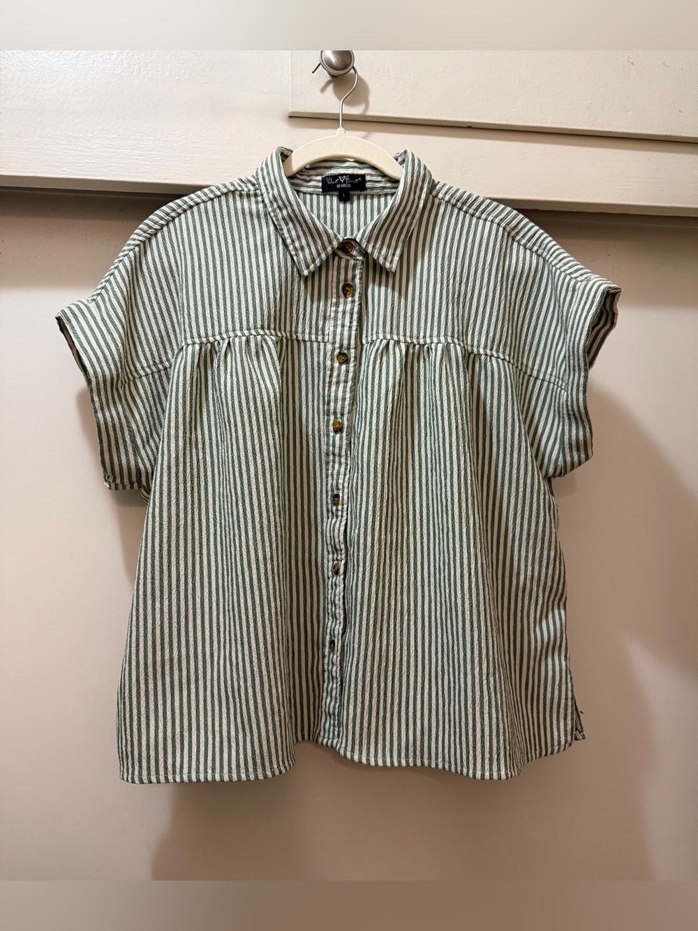 Velvet Heart Green Stripe Seersucker Cotton Blouse L Button Front Top - Picture 3 of 14